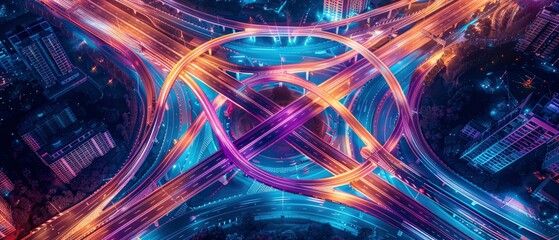 Aerial view of a vibrant urban highway interchange illuminated at night with colorful lights (1)