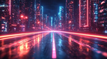 Obraz premium Neon city highway night vibrant futuristic road