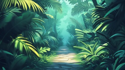 Lush Tropical Jungle Pathway Surrounded by Verdant Foliage and Light
