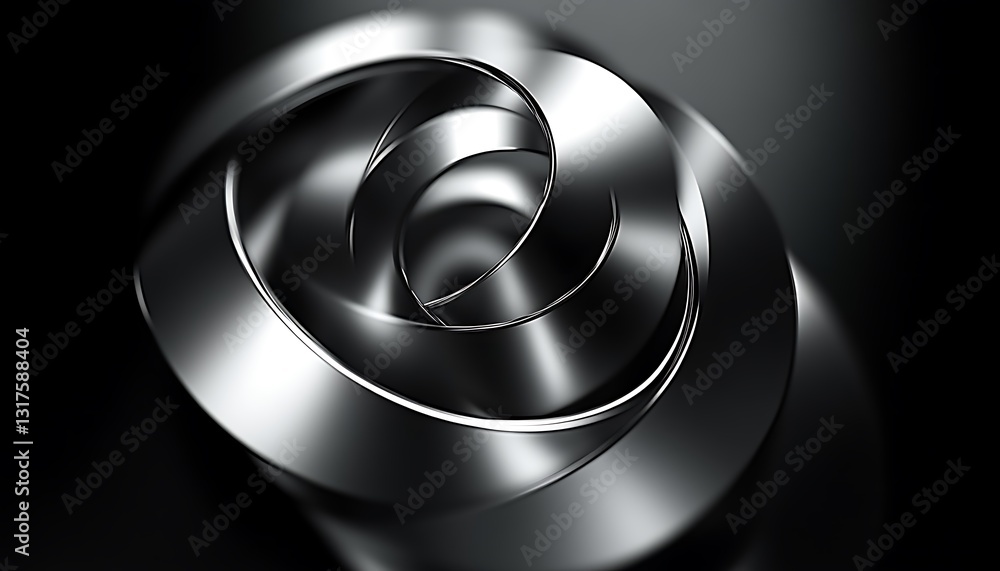 Poster shiny metallic spirals overlapping each other in a dark gradient background