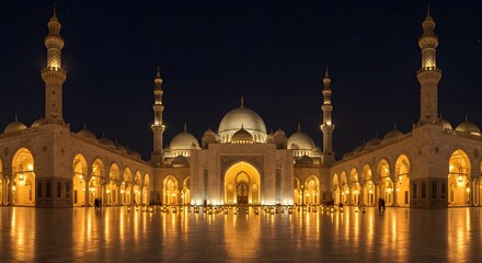 Magnificent Mosque Architecture Glowing at Night with Towering Minarets