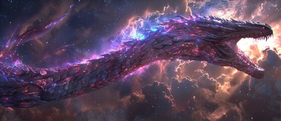 Cosmic dragon soaring through a starry sky, surrounded by vibrant nebulae and distant galaxies