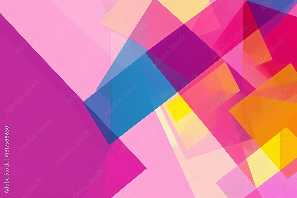 Poster overlapping translucent geometric shapes create a colorful abstract background, forming a modern and