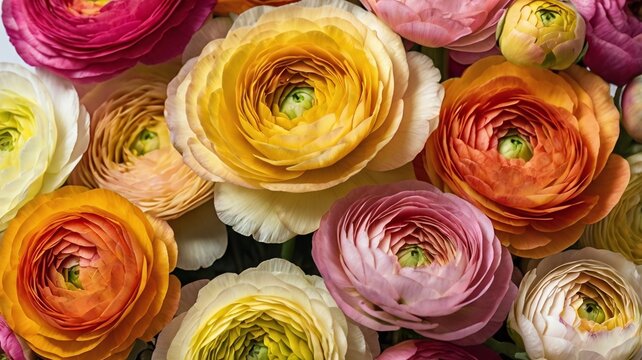 Multi-coloured ranunculus flowers, pink, yellow and orange close-up fresh blooming spring flower macro on white background