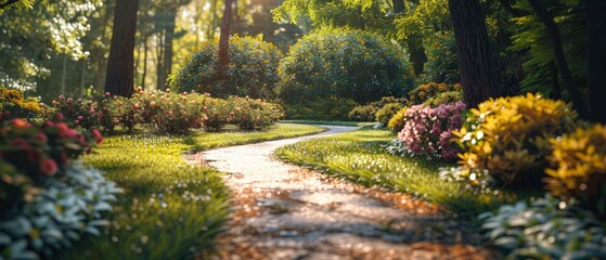 Serene garden pathway winding through vibrant flowers and lush greenery during golden hour