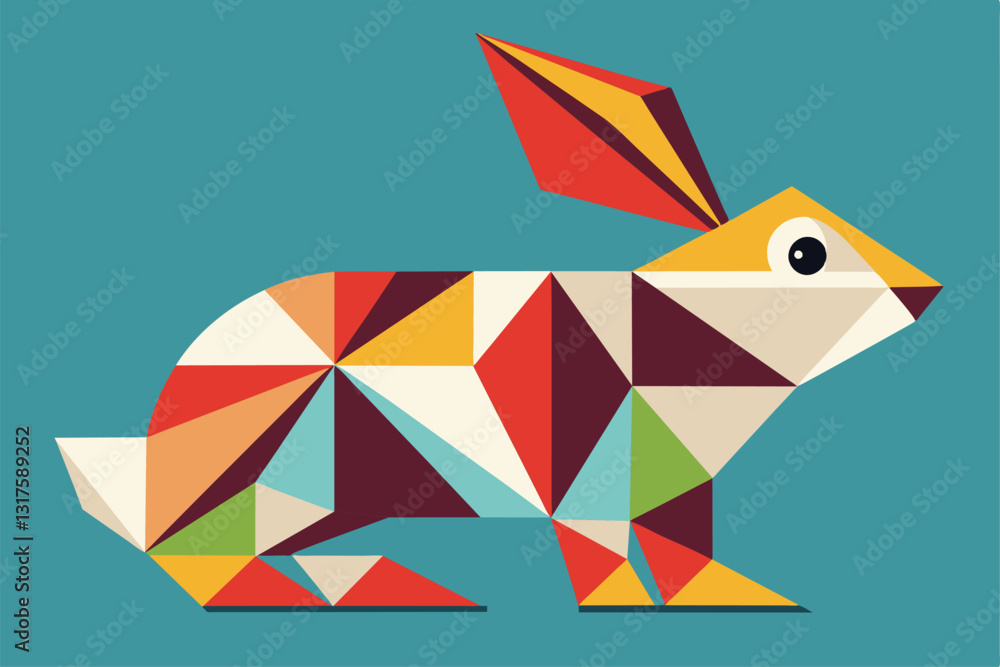 Poster a creatively designed rabbit made from various geometric shapes in bright colors against a teal back
