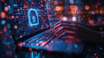 Cybersecurity expert types, digital lock glows.