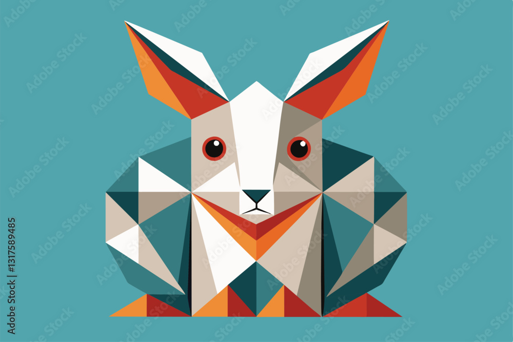 Poster a rabbit crafted from geometric shapes in bright colors sits against a solid background, showcasing 