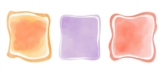 Three simple, cute cartoon frame vector graphics in light purple, red, orange, and pink with wavy edges