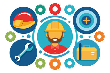 Colorful icons feature service tools, safety gear, and gears symbolizing maintenance and repair tasks, Simple icons with service and maintenance,
