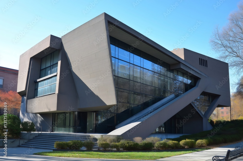 Poster striking architecture of a modern building with angular design and large glass windows, reflecting t