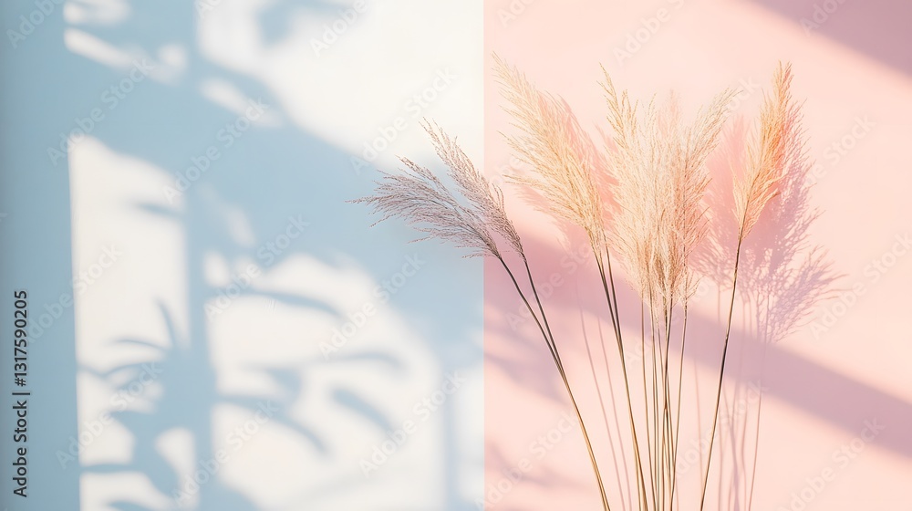 Poster pampas grass with pastel shadows background that creating a captivating display of light and shadow