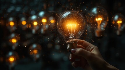 Glowing bulb hand held, sparks, innovation concept