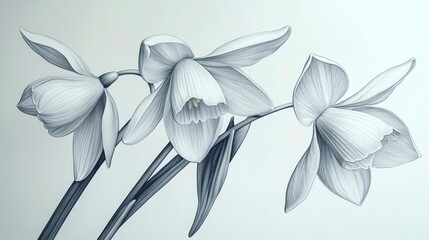 Delicate pencil drawing of narcissus flowers exhibiting artistic simplicity