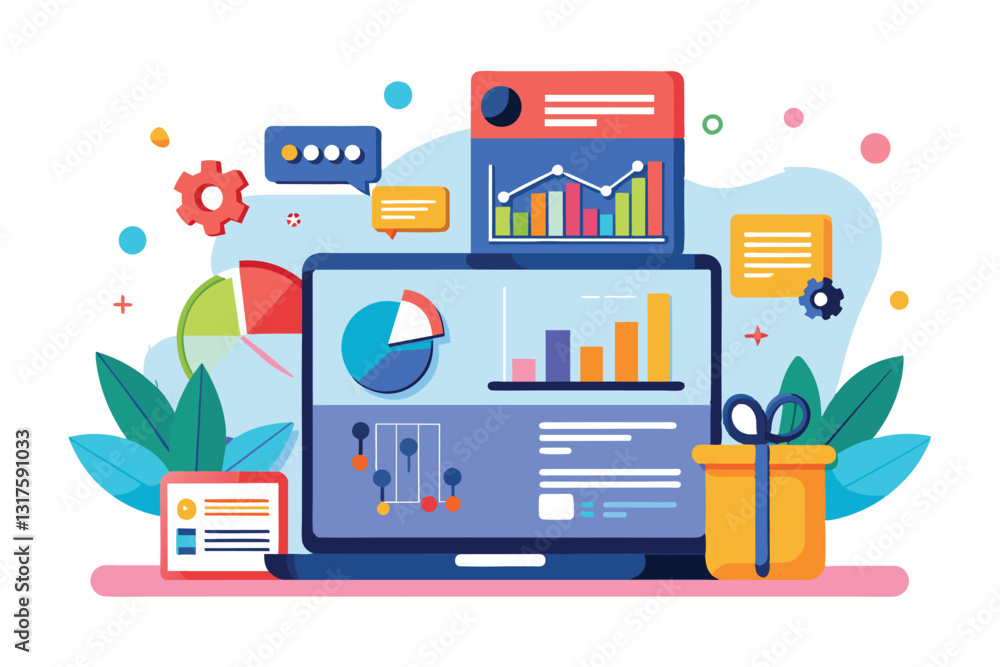 Poster a vibrant dashboard displays site stats through colorful graphs and visual data representations, sit