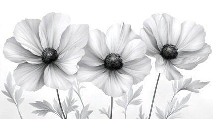 Three blooming poppies creating a harmonious floral arrangement in monochrome