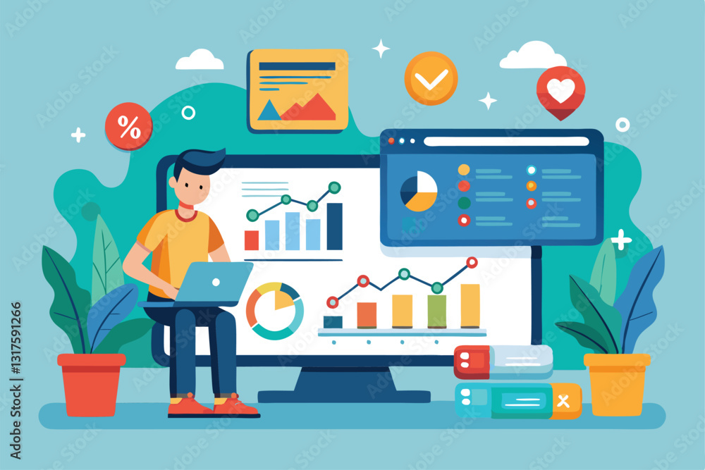 Poster a person engaged in analyzing site stats using a laptop in a bright and colorful workspace, site sta