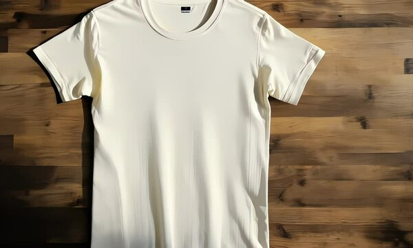 white t-shirt mockup template with front view, wood pattern background