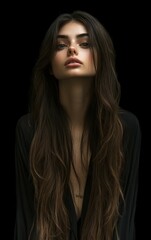 A woman with long brown hair is standing in front of a black background
