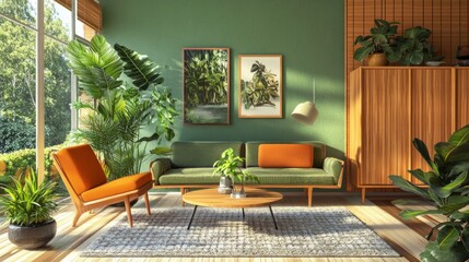 Modern Living Room with Green Walls and Vibrant Plant Decor