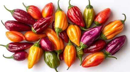 Colorful chili peppers displayed on white background