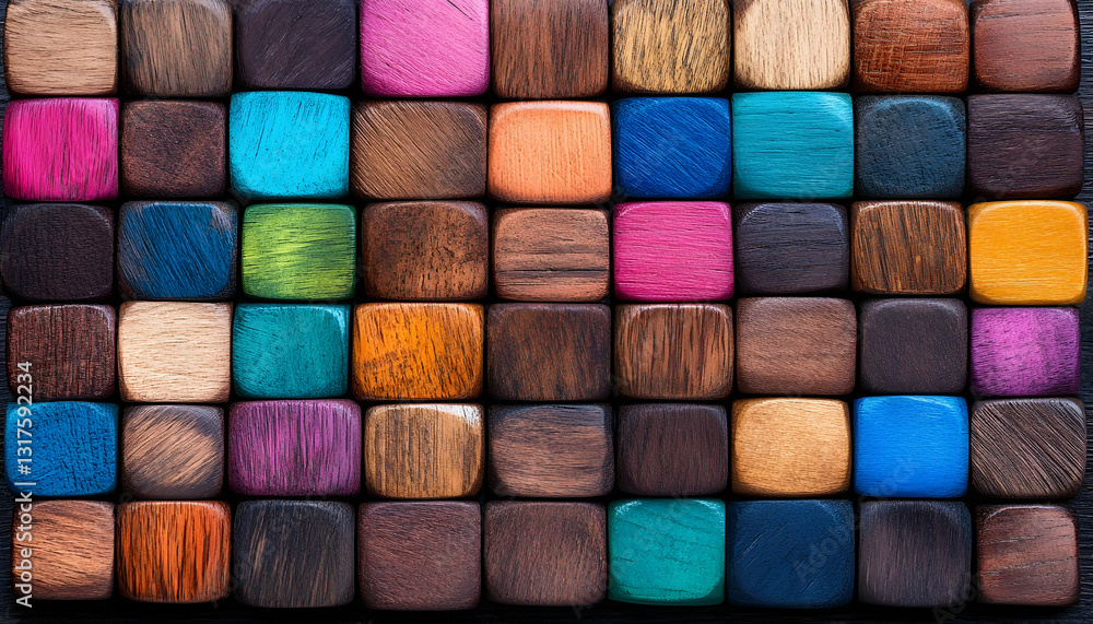 Poster colorful wooden blocks arranged in a grid pattern various shades and tones create a visually interes