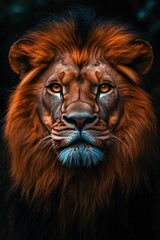 Naklejka premium Majestic lion portrait intense gaze fiery mane