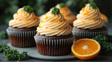Delicious chocolate cupcakes decorated with orange zest and cream cheese frosting