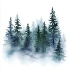 Watercolor Misty Pine Forest