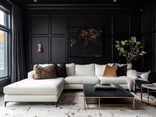 Modern living room featuring a white sectional and dark accents