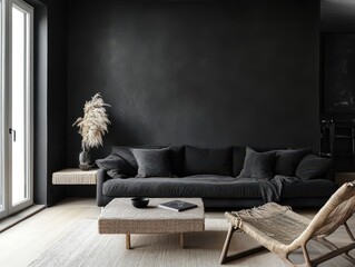 Modern Living Room Interior Featuring Dark Furniture and Decorative Elements
