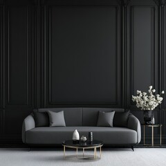 A modern living room with dark paneling and stylish furniture