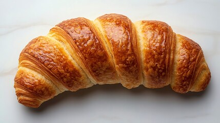 Golden brown croissant resting on marble surface, freshly baked pastry