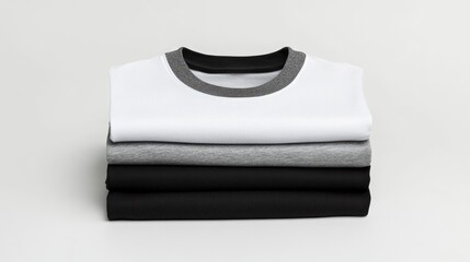 Stack of neatly folded athletic shirts in white, gray, and black, showcasing a minimalist and organized wardrobe