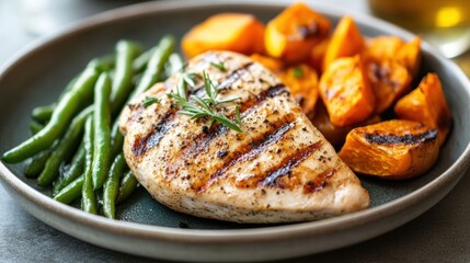 Grilled chicken breast served with roasted sweet potatoes and fresh green beans