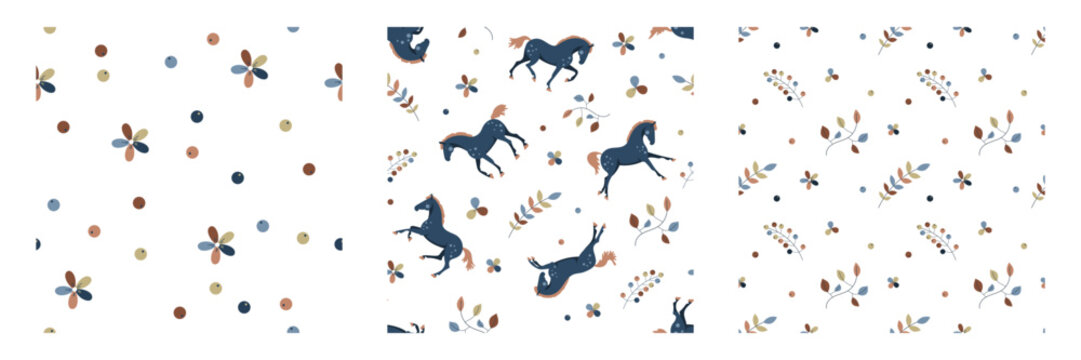 A set of seamless whimsical patterns with floral horses and leaves