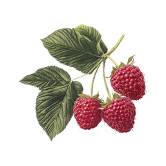  raspberries with leaves isolated on white or transparent