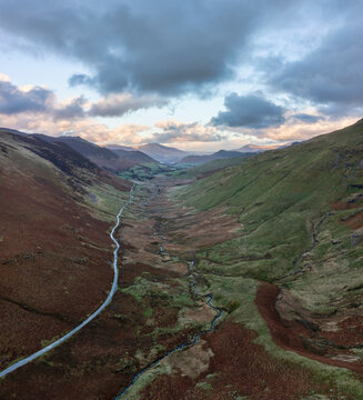 elevated view of the newlands valley lake district cumbria uk with the slopes of knott rigg on the left and robinson on the right looking towards keswick