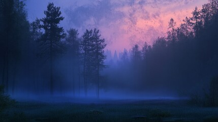 Fototapeta premium Mystical Morning Fog and Twilight Colors in Serene Forest Landscape