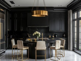 A modern black kitchen with a circular island and seating