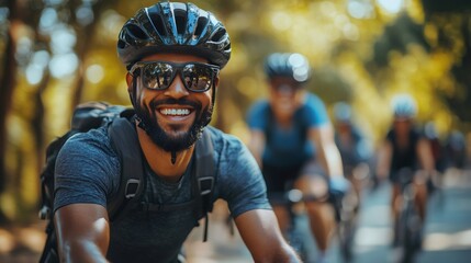 Cyclist smiling while cycling with friends on a sunny day