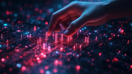 Hand interacts with vibrant digital cityscape