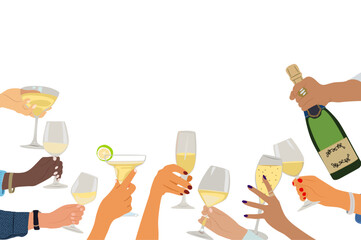 Christmas, New Year border, background with different multiracial hands holding glasses with drinks, champagne bottle, sparkling wine, cocktail. Festive Vector design for banner, card, invitation. 