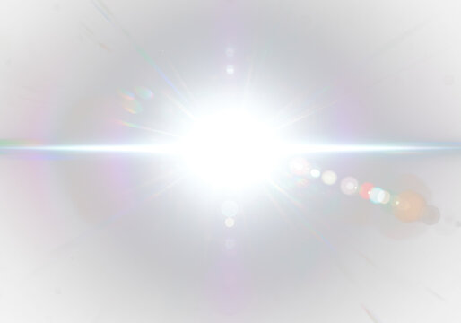 Intense lens flare effect with white light source at the centre emitting radiant beams, spectral rainbow halos on transparent background