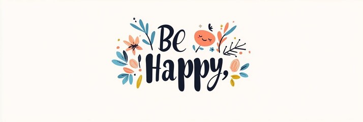 A logo with an elegant style featuring the text "Be Happy". Soft watercolor washes of color form the words "Be happy" in pastel colors, with a minimalistic design on a white background. 