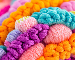 Colorful yarn in various vibrant hues tightly woven together creating a textured and visually appealing piece