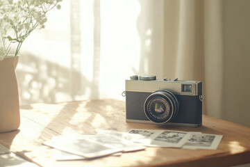 A vintage camera on a wooden table surrounded by nostalgic black and white photographs, bathed in warm natural light.