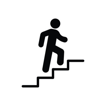 Stairs icon. Walking up staircase or stairs sign flat vector icon for apps and print. Man climbing stairs. Black silhouette. Vector illustration.