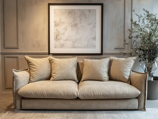 A comfortable looking sofa is placed against a decorated wall