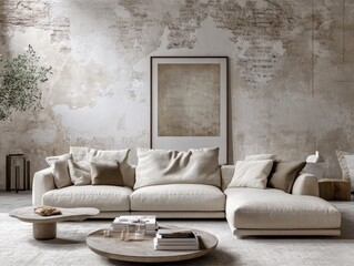 A modern sectional sofa in a room with art and worn walls